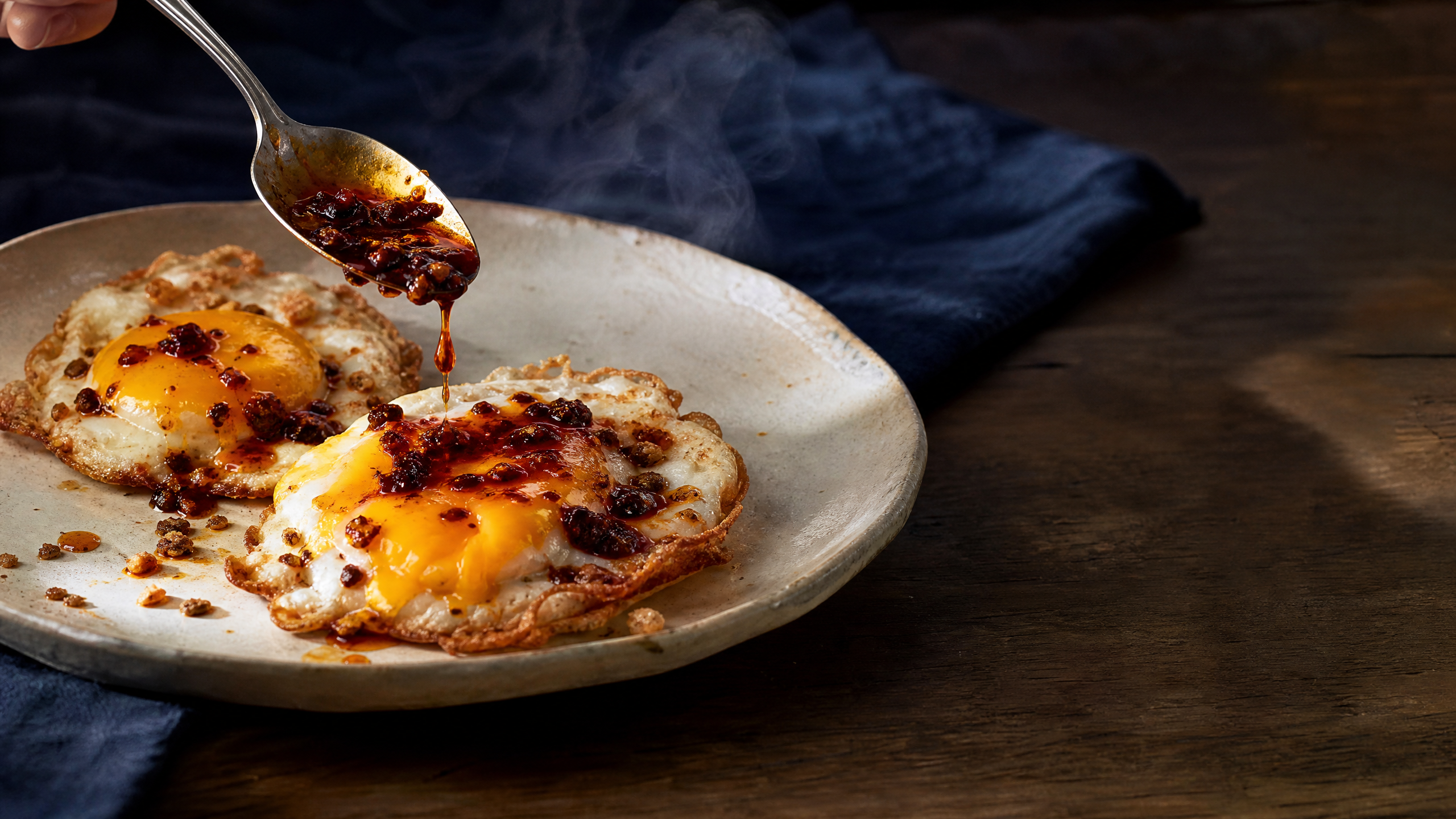 Crisp-edge fried eggs finished with chili crisp